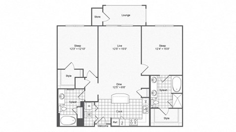 Floor plan for 2 beds, 2 baths, 1107 sqft